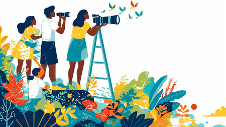 Exploration and discovery as individuals observe birds amid a lush outdoor environment.の素材