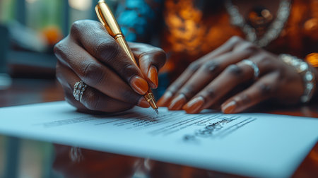 A detailed shot of hands holding an elegant golden pen while signing a formal document. Capturing an important moment of a contract being finalized, this image conveys professionalism and sophistication.の素材