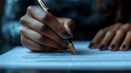 Focused image of a person's hand writing a signature on a document with precision.の素材