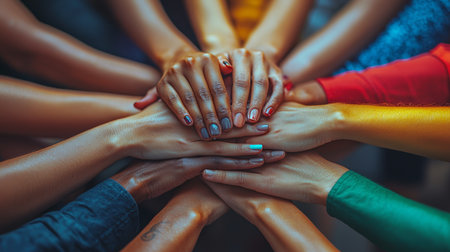 A group of diverse individuals join their hands together in a powerful symbol of togetherness, cooperation, and collaboration, highlighting concepts of support and mutual effort in achieving common goals.の素材