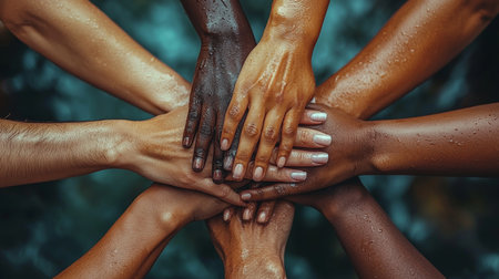 A close-up view of multiple individuals' diverse hands joined together symbolizing unity, teamwork, and mutual cooperation. The wet hands emphasize natural harmony and a vibrant connection in diversity.の素材