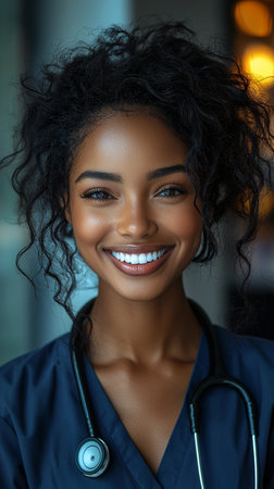 Female healthcare professional with a confident smile, wearing scrubs and stethoscope, showcasing kindness and professionalism. Perfect for depicting medical or healthcare themes with a warm and approachable atmosphere.の素材