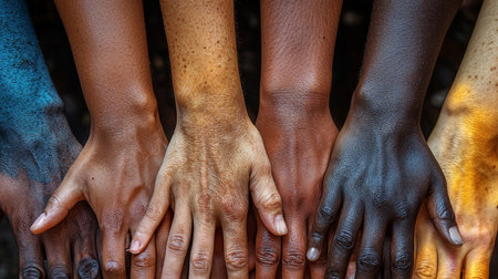 A close-up view of hands of diverse individuals placed together representing unity and solidarity. The image conveys themes of equality, multiracial coexistence, and collaborative strength in diversity.の素材