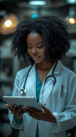 Portrait of a healthcare professional in a lab coat and stethoscope working with a digital tablet. She appears focused and engaged, set against the background of a well-lit medical facility.の素材