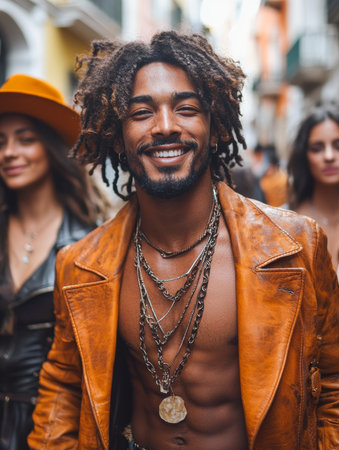 A cheerful young man smiles confidently in an outdoor setting, wearing a stylish leather jacket, layered necklaces, and combined modern fashion elements that create a charismatic representation. Diverse cultural street fashion at its finest.の素材