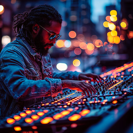 Musician operating a control board with illuminated buttons against a city backdrop during evening, capturing the essence of music production and urban nightlife.の素材