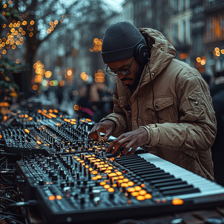 A musician works with a synthesizer among a vibrant outdoor setting, producing music. The blurred lights in the background highlight the ambiance and artistry, creating an atmosphere of creativity and urban charm.の素材