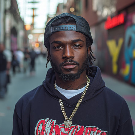 A stylish individual stands confidently in an urban environment, surrounded by colorful graffiti and blurred background. Perfect for themes involving confidence, urban lifestyle and creative expression.の素材