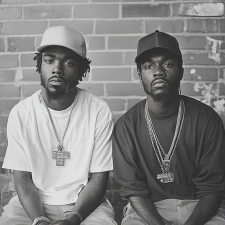 Two stylish individuals sit confidently against a weathered brick wall, showcasing unique urban fashion and personal style. This black-and-white image exudes friendship, individuality, and a cool, contemporary street vibe.の素材