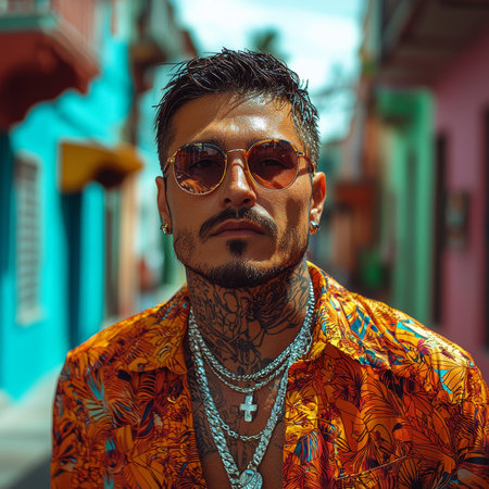 Portrait of a fashionable man wearing sunglasses and jewelry, with tattoos and a bright shirt, standing outdoors on a colorful city street. This image evokes modern fashion and individuality.の素材