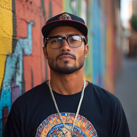 A fashionable man wearing glasses and a trendy t-shirt poses outdoors against a colorful background. His confident expression and casual attire create a modern and urban street style vibe.の素材