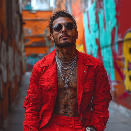 A fashionable person wearing red attire and sunglasses poses confidently in a graffiti-adorned alleyway, exemplifying urban style and individuality.の素材