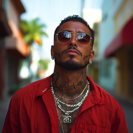 Portrait of a cool and edgy person with unique tattoos, wearing accessories, and a fashionable outfit, standing confidently in an urban area with blurred background and natural lighting.の素材