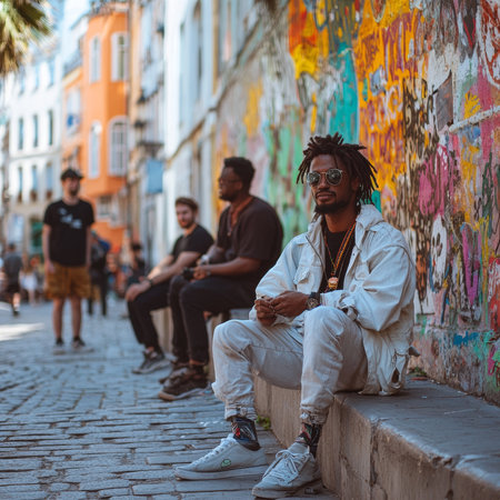 A fashionable individual seated on a cobblestone street near a colorful graffiti wall, with lingering friends adding a casual, artistic city vibe to the scene.の素材