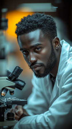 A scientist is working with a microscope in a laboratory, concentrating intensely. This well-lit and professional laboratory environment reflects focused efforts and research progress in the field of science and medicine.の素材