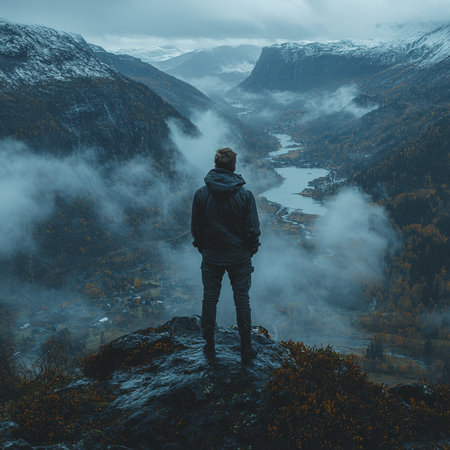 A contemplative figure stands on a rock ledge overlooking a foggy mountain vista. Mist shrouds the autumn-colored valley below, creating a tranquil and introspective atmosphere enhanced by the dramatic cloudy skies.の素材
