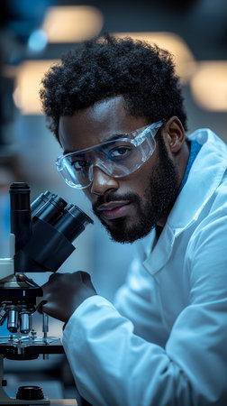 A scientist wearing protective gear working with a microscope in a laboratory environment, focusing on research and innovation.の素材