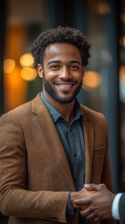 A confident businessman wearing a brown suit smiling while shaking hands in a meeting, embodying professionalism, friendliness, and trust.の素材