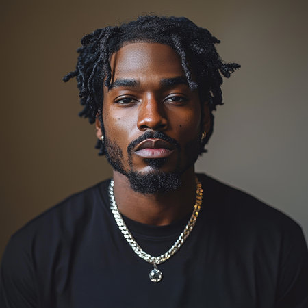 A close-up portrait of a man with short twists hairstyle wearing a T-shirt and chain necklace, exuding confidence and individuality against a neutral background, emphasizing a modern and stylish appearance.の素材