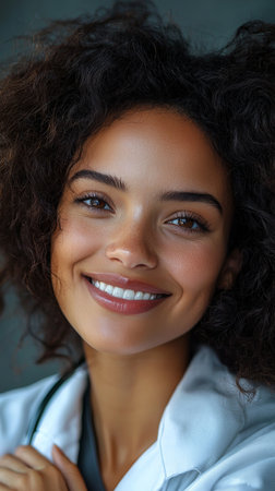 A happy and approachable female doctor in a warm environment, showcasing kindness and professionalism in her field of medical practice, creating a welcoming and trustworthy image for patient interaction.の素材