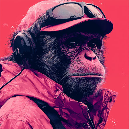 Colorful digital artwork portraying a primate dressed in modern streetwear, including a jacket and headphones, against a graphic background with creative elements. Combines contemporary urban themes with expressive wildlife representation.の素材