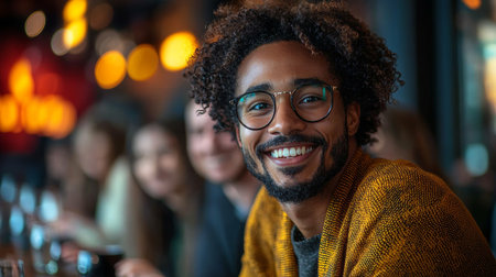 A cheerful man wearing glasses and a sweater, seated indoors with a friendly expression, surrounded by blurred group of people. The ambient lighting provides a cozy and welcoming atmosphere.の素材