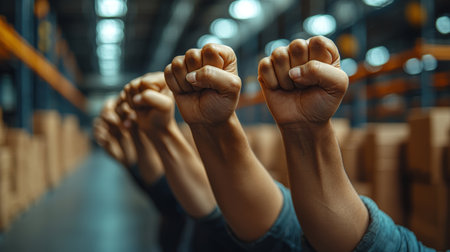 Hands forming fists are prominently displayed in a warehouse environment, representing empowerment, solidarity, and collaboration, possibly showcasing teamwork or protest.の素材