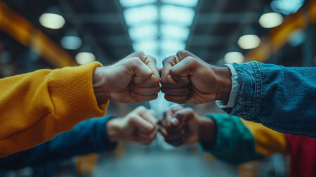 Several hands join in a unified fist bump, symbolizing collaboration, unity, and teamwork.の素材