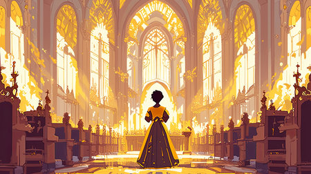 A woman in elegant clothing prays inside a grand, sunlit cathedral. The light creates a serene and spiritual atmosphere, highlighting the intricate gothic architecture, stained glass, and sense of profound reverence.の素材