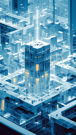 Intricate arrangement of futuristic skyscrapers and glowing elements showcasing advanced technological designs. Perfect for depicting themes of urban development, modern technology, and future city concepts.の素材