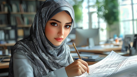 Confident young female architect enthusiastically sketching design plans on paper in a contemporary office setting, blending creativity with professionalism, surrounded by natural light and a focused workplace atmosphere.の素材