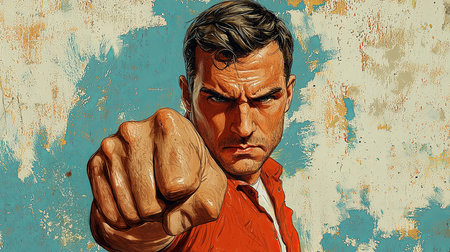 Stylized portrait of a determined man striking a powerful pose, with a striking fist in the foreground, illustrating confidence and strength against a weathered, textured backdrop.の素材