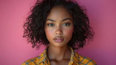 Close-up portrait of a beautiful woman with curly hair wearing a stylish outfit, posing confidently against a bright and vibrant pink backdrop showcasing beauty, individuality, and modern fashion sense.の素材