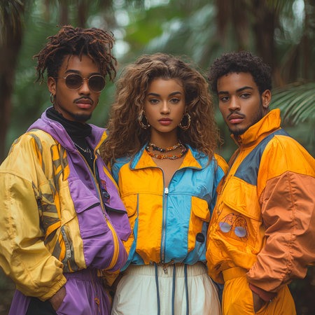 Three fashionable young adults pose confidently in bright colored sporty jackets, exuding contemporary style and unity within a lush tropical outdoor environment, emphasizing youthfulness, friendship, and bold fashion choices.の素材