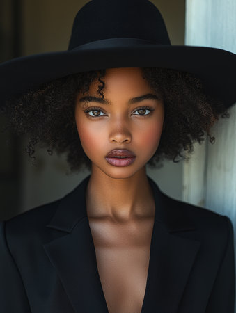 Elegant woman wearing a black formal outfit and wide-brimmed hat, conveying sophistication and timeless style. Perfect aesthetics for fashion concepts, beauty representation, or high-end photography projects.の素材