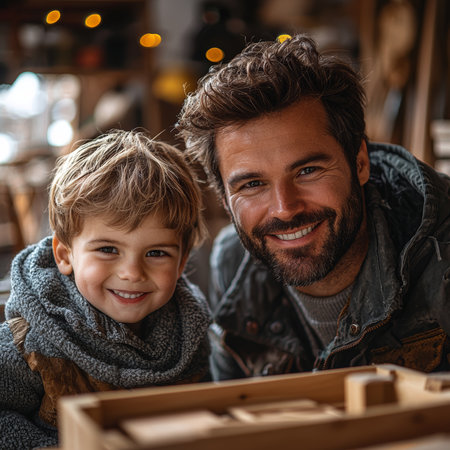 Heartwarming image of a father and his son sharing a bonding moment in a workshop. Both express joy and connection surrounded by tools and wooden pieces fostering creativity and togetherness.の素材
