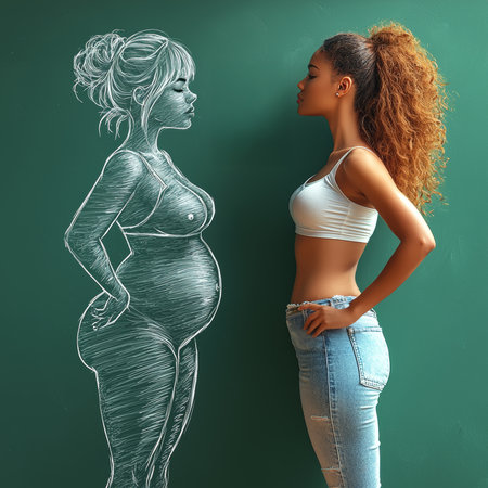 A confident woman stands before a chalk drawing of a pregnant silhouette on a board. The scene explores themes of transformation, self-reflection, and aspirations, beautifully captured to inspire empowerment and creativity.の素材