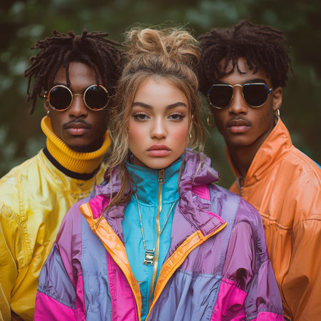 Three fashionable individuals in colorful jackets and stylish sunglasses posing outdoors, showcasing vibrant retro styles and contemporary fashion aesthetics.の素材