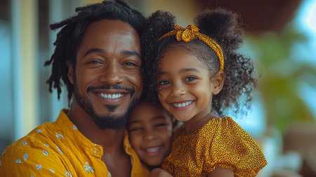 A cheerful moment featuring a father and his two adorable daughters smiling happily. Captures warmth, love, happiness, and family bonding with a colorful background setting.の素材