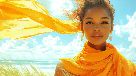 A vibrant image of a woman in a yellow scarf, standing against a bright blue sky. The flowing fabric and her peaceful expression convey a sense of freedom and serenity on a breezy day.の素材
