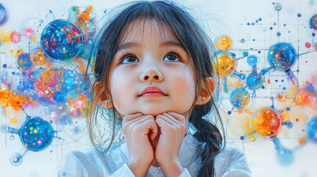 An imaginative portrayal of a girl surrounded by vibrant molecular representations, symbolizing creativity, insight, and scientific curiosity. A stunning visual combining human wonder with scientific concepts.の素材