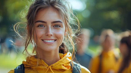 A cheerful young woman in a hoodie stands outdoors, radiating happiness and energy. Captured during a sunny day, the vibrant background complements her joyful expression and bright attire, evoking warmth and positivity.の素材