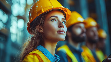 A focused female construction worker wearing a yellow hard hat looks ahead confidently while her colleagues stand in the background, depicting teamwork, leadership, and perseverance in a professional industrial setting.の素材