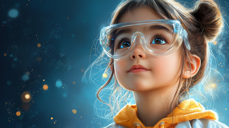 A young girl wearing protective goggles faces upward with curiosity and optimism, evoking a sense of scientific aspiration and discovery. The background enhances the atmosphere of exploration.の素材