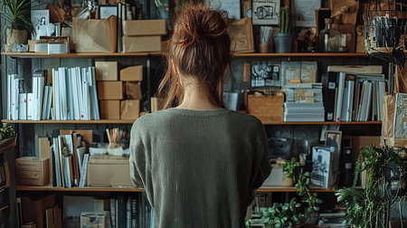 A rear view of a woman holding a box, standing in a stocked warehouse surrounded by shelves filled with goods and supplies in an organized arrangement.の素材