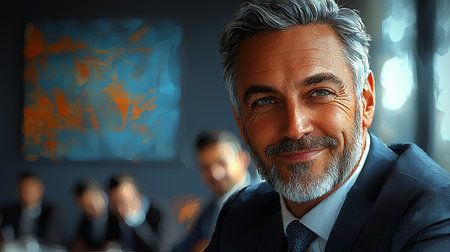 A cheerful middle-aged businessman with a beard, wearing a suit, attending a formal meeting surrounded by colleagues in an office setting. The atmosphere conveys professionalism, confidence, and leadership.の素材