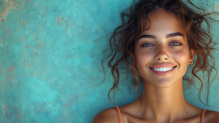 A cheerful woman with a radiant smile and freckles posing against a vibrant turquoise backdrop, radiating happiness and positivity.の素材