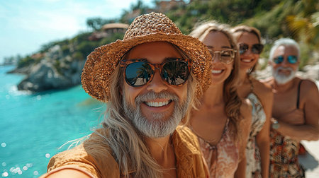 Four senior friends enjoying their time together outdoors, capturing a happy selfie near picturesque turquoise coastal scenery with vibrant sunlight and natural beauty, symbolizing friendship, travel, and memorable moments.の素材