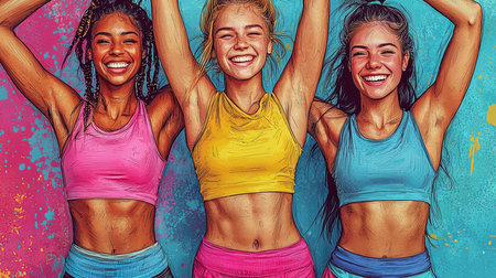 A cheerful group of diverse women in sporty outfits celebrating against a colorful background, expressing unity and positivity.の素材