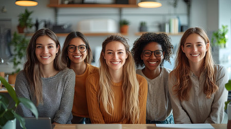 Five confident women are seated together, smiling warmly in a modern office environment. The background features shelves and decorative elements. They convey teamwork, positivity, and inclusivity.の素材